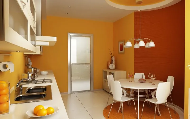 Оранжевый цвет стен на кухне