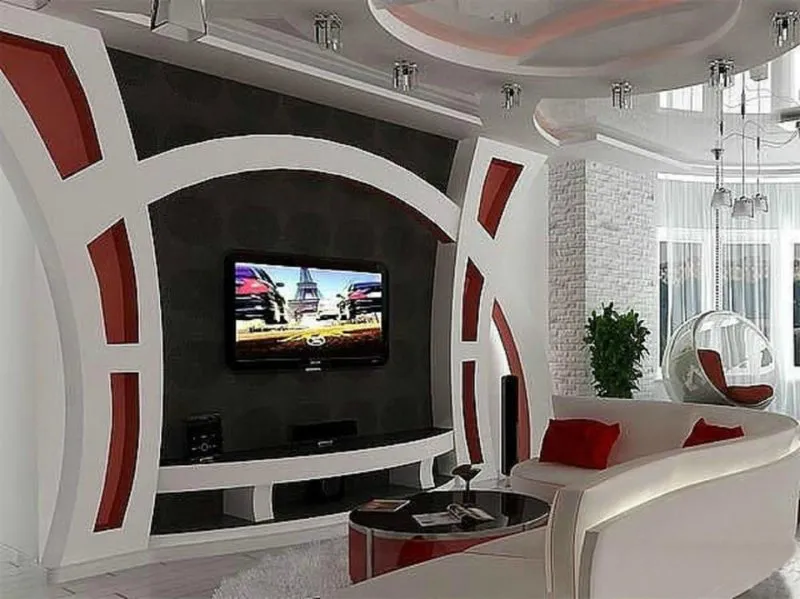 Гипсокартонные конструкции в гостиной под телевизор