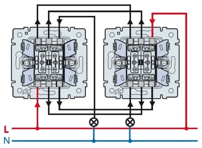 подключение проводов к двухклавишным проходным выключателям