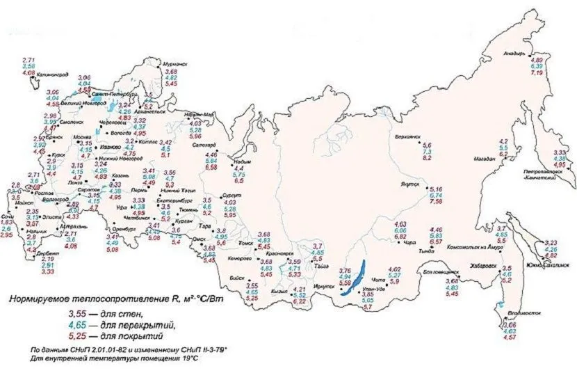 Карта регионов РФ с коэффициентами теплосопротивления
