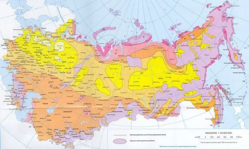 Карта-схема раздела территории РФ по уровню ветрового давления